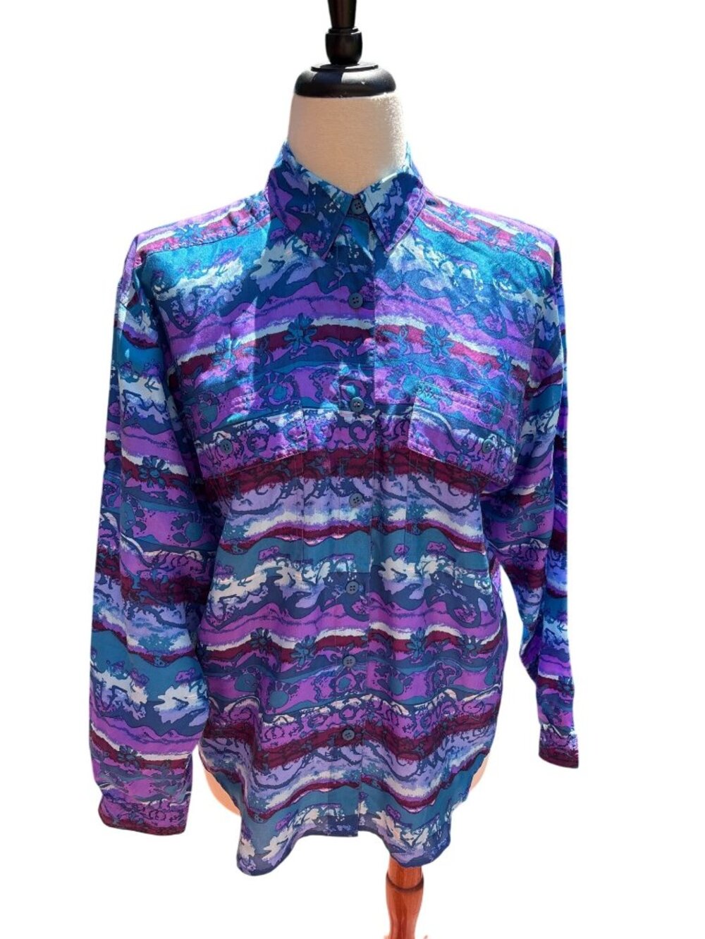 Silk Abstract Blouse Shirt Size 6 Long Sleeve Button-Up Womens Multicolor